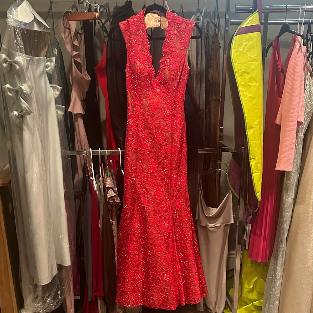 Tony Bowls Vibrant Red Lace Maxi Dress